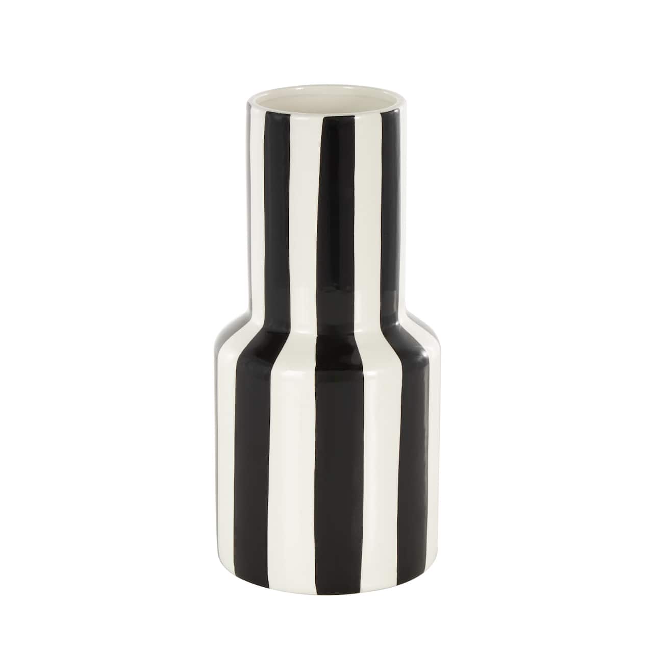 11" White & Black Stripes Round Wide Ceramic Vase